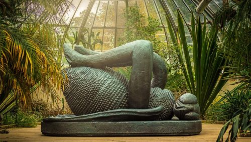 Sculpture d'une mouche morte, sur le dos, exposé dans une serre du jardin des plantes de Nantes. 